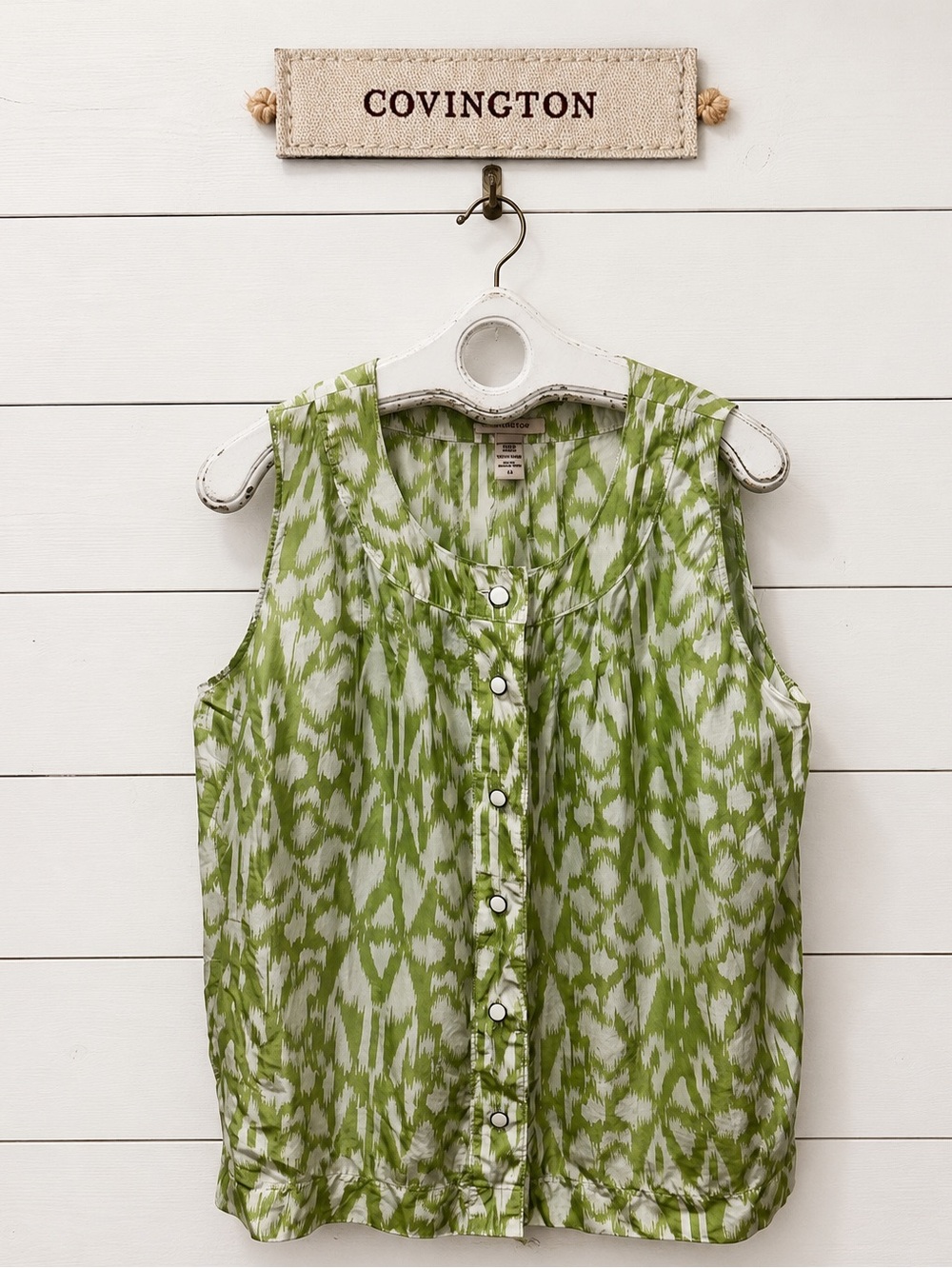 COVINGTON Green & White Silk Print Sleeveless Blouse Size L